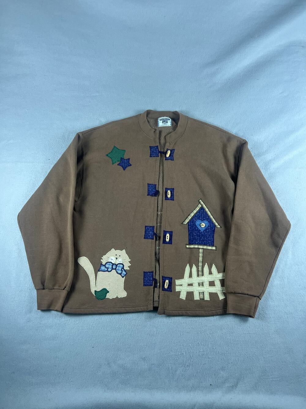 Vintage Lee Fleece Cardigan Jacket Womens XL Brown Cat Birdhouse Applique Heavy